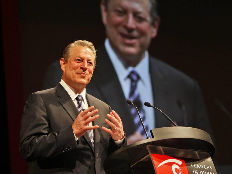 Former U.S. Vice President Al Gore addresses the audience, on the second day of the \'Leaders in Dubai\' conference in Dubai, United Arab Emirates, Oct. 27, 2009.
