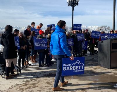 Salt Lake City mayoral candidate David Garbett holds one of his campaign signs outside the Capitol during his official campaign launch on Tuesday, Feb. 12, 2019.