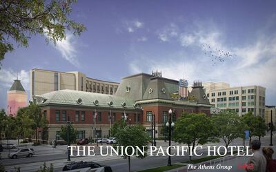 A rendering of an eight-story hotel being proposed in The Gateway around the west face of the historic Union Pacific Depot.
