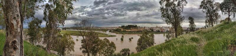 Panoramic view from San Cristobal Fort across the Guadiana River from the city of Badajoz in Spain.