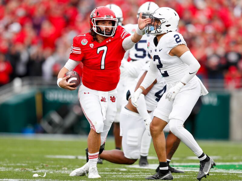 Utah’s Cameron Rising gestures a first down while playing against Penn State Nittany Lions in the 109th Rose Bowl.