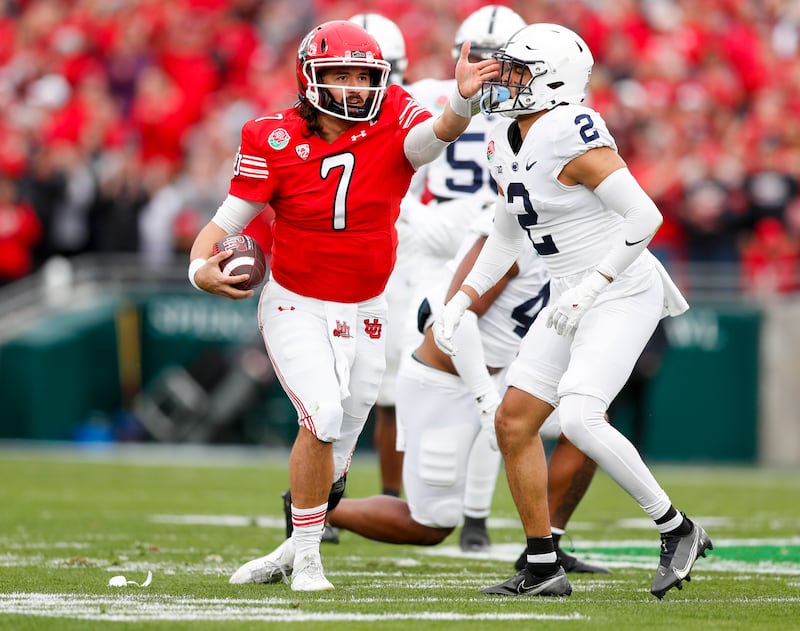 Utah’s Cameron Rising gestures a first down while playing against Penn State Nittany Lions in the 109th Rose Bowl.