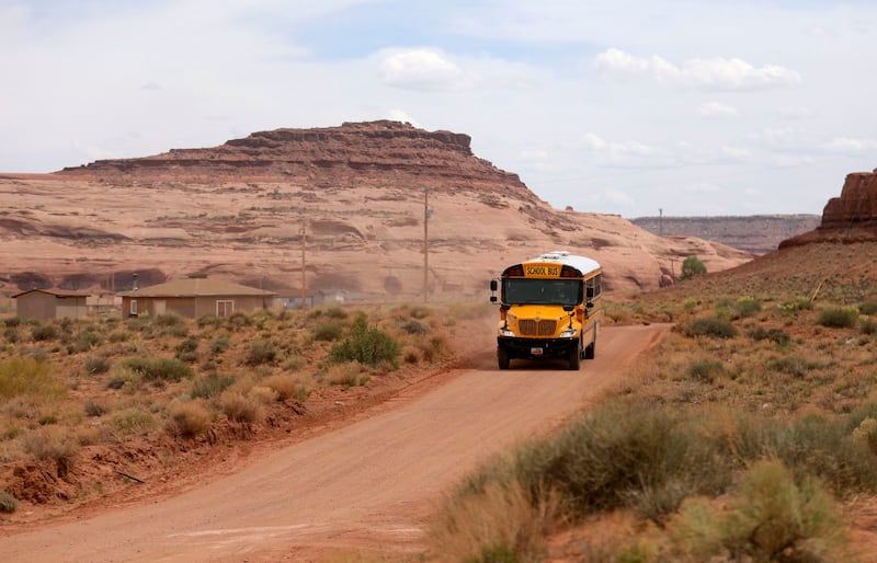 A school bus delivering food and homework during the pandemic.