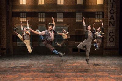 Members of the cast of Pioneer Theatre Company's "Newsies," including Tade Biesinger, left, of Bountiful.