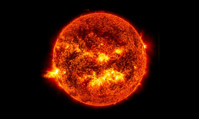This image captured by NASA’s Solar Dynamics Observatory in 2013 shows the bright light of a solar flare on the sun.