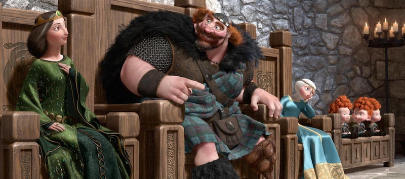 In this image provided by Disney, from left, Queen Elinor, voiced by Emma Thompson, King Fergus, voiced by Billy Connolly, Princess Merida, voiced by Kelly Macdonald, and triplets Princes Harris, Hubert and Hamish are shown in a scene from the animated fe