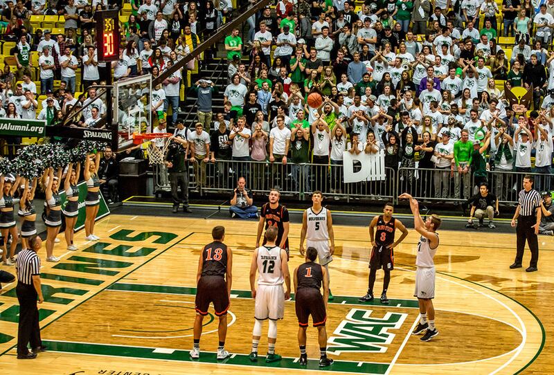 Utah Valley's Conner Toolson (right) knocks down at free throw against Idaho State on Wednesday night at the UCCU Center. UVU defeated ISU, 82-73.