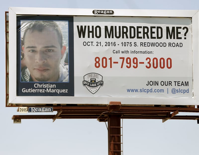 A billboard ad from the Salt Lake City Police Department is pictured on Wednesday, June 21, 2017. It requests public tips about the unsolved murder case of Christian Gutierrez-Marquez.