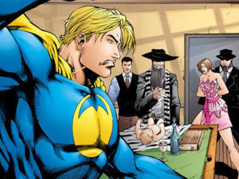 This image provided by MGMbill shows the cover of the second edition of the "Foreskin Man" comic book series. With his thick flowing, thick blond hair and muscles bulging beneath a blue cape, "Foreskin Man" takes on circumcising doctors and Orthodox Jews
