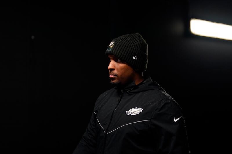 Philadelphia Eagles’ Brian Johnson walks off the field before the NFC Championship NFL football game between the Philadelphia Eagles and the San Francisco 49ers, Sunday, Jan. 29, 2023, in Philadelphia. (AP Photo/Matt Slocum)