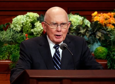 President Dallin H. Oaks, first counselor in the First Presidency of The Church of Jesus Christ of Latter-day Saints, conducts the priesthood session of the 189th Annual General Conference in the Conference Center in Salt Lake City on Saturday, April 6, 2