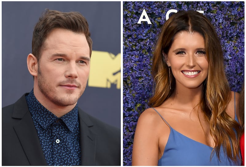 FILE - This combination of file photos shows Chris Pratt at the MTV Movie and TV Awards on June 16, 2018, in Santa Monica, Calif., left, and Katherine Schwarzenegger at Caruso's Palisades Village opening gala on Sept. 20, 2018, in Los Angeles, right. Prat
