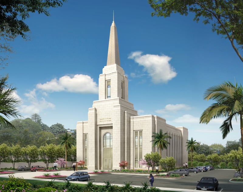 An exterior rendering of the Kumasi Ghana Temple.
