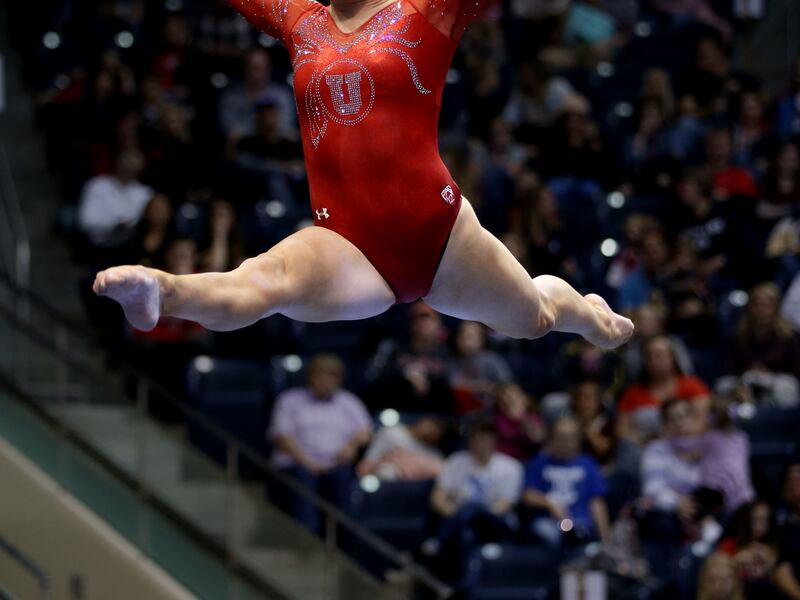 Utah's Adrienne Randall competes on the beam against BYU at the Marriott Center in Provo on Friday, Jan. 11, 2019.