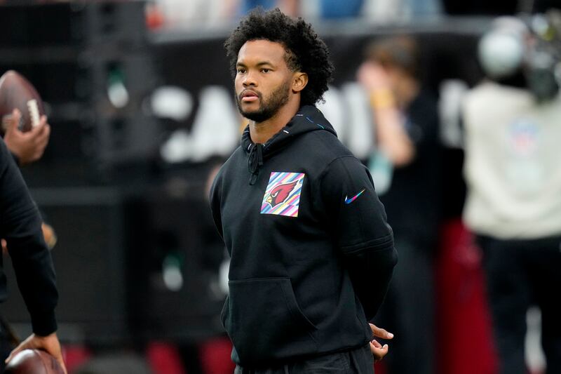 Arizona Cardinals quarterback Kyler Murray watches warm ups prior to a game against the Cincinnati Bengals, Sunday, Oct. 8, 2023.