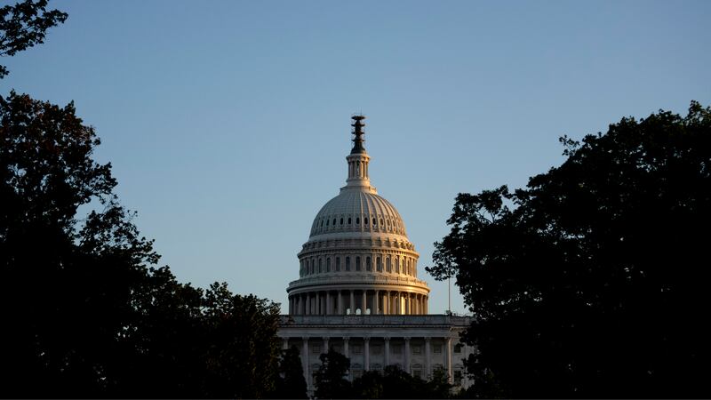 The Dome of the U.S. Capitol Building at sunset seen from Upper Senate Park in Washington on Sept. 27, 2023.