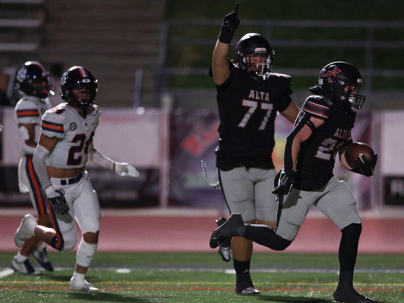 Alta’s Nolan Lohnes runs into the end zone to score as Brighton and Alta compete in a Week 8 football showdown.