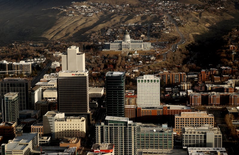 Downtown Salt Lake City with a view of Capitol Hill.
