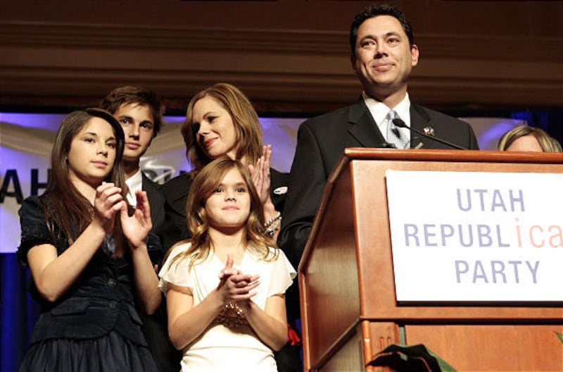 Jason Chaffetz delivers his acceptance speech at the Grand America Hotel in Salt Lake City after winning Utah's 3rd District seat Tuesday. He defeated Democrat Bennion Spencer. With Chaffetz and his wife, Julie, are their children Ellis, 12, left, Max, 15