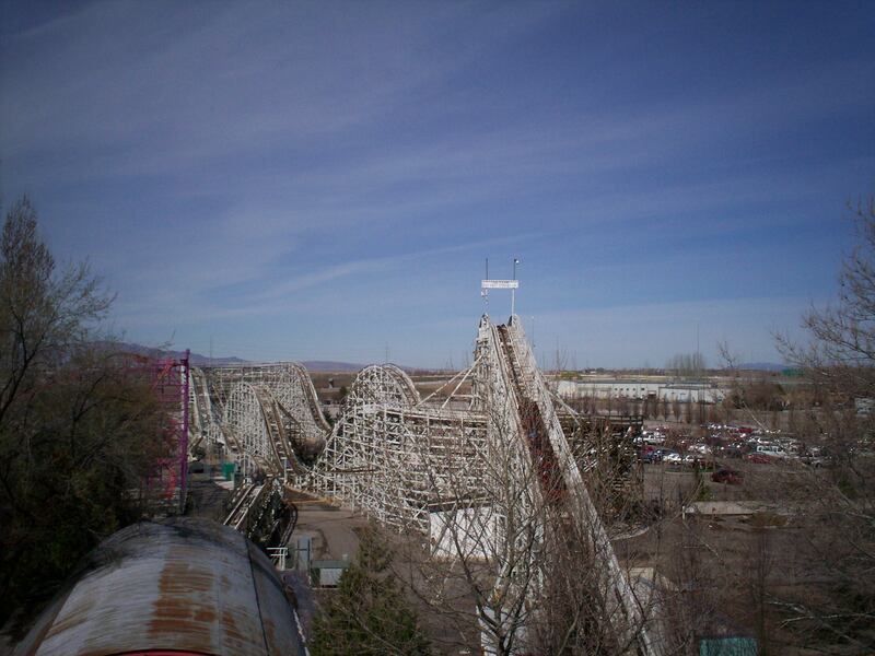 Lagoon's historic wooden roller coaster, that first opened in
1921, as seen from the Skyride on the east side.