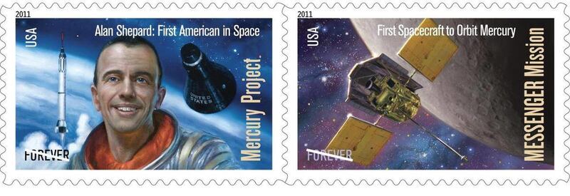 In this image released by the USPS, Alan Shepard, left and the first spacecraft to orbit Mercury, are seen on the new Forever postage stamps to issued by the USPS on Wednesday, May 4, 2011, at the Kennedy Space Center.