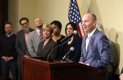 FILE - Lt. Gov Spencer Cox speaks during a press conference at the Capitol in Salt Lake City on Wednesday, Jan. 23, 2019, regarding the transition from the downtown homeless shelter to three new homeless resource centers.