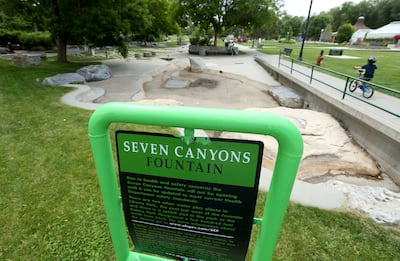 The Seven Canyons Fountain in Liberty Park is pictured on Thursday, June 13, 2019. The fountain was closed two years ago due to health and safety concerns. The city is now working to come up with solutions and funding to reopen it.