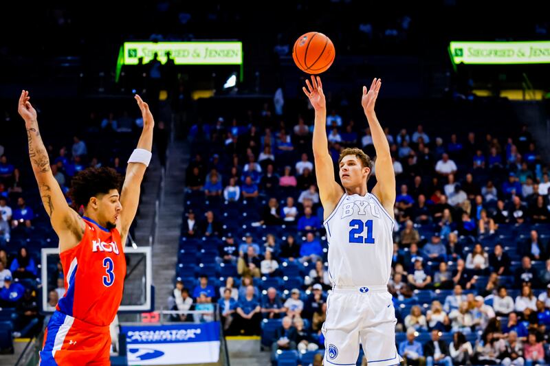 BYU’s Trevin Knell gets off a shot during victory over Houston Christian Monday, Nov. 6, 2023, in the Marriott Center in Provo.