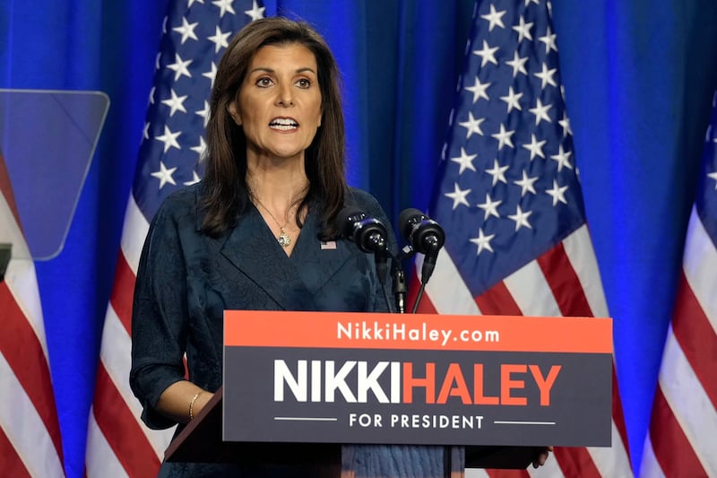 Republican presidential candidate and former United Nations Ambassador Nikki Haley gives a speech in Greenville, S.C.