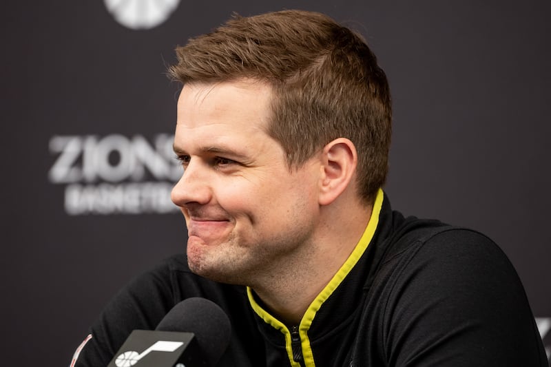 Utah Jazz coach Will Hardy smiles during end-of-season press conference at Zions Bank Basketball Campus in Salt Lake City.