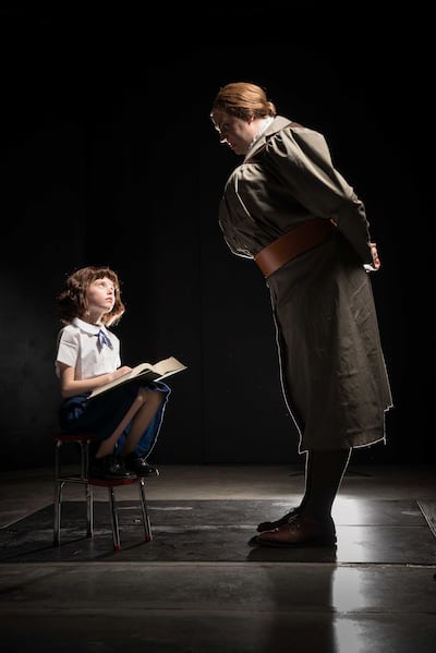 Lucy White as Matilda and Aaron Ford as Miss Agatha Trunchbull in the Monday/Wednesday/Friday cast of Hale Centre Theatre's "Matilda."