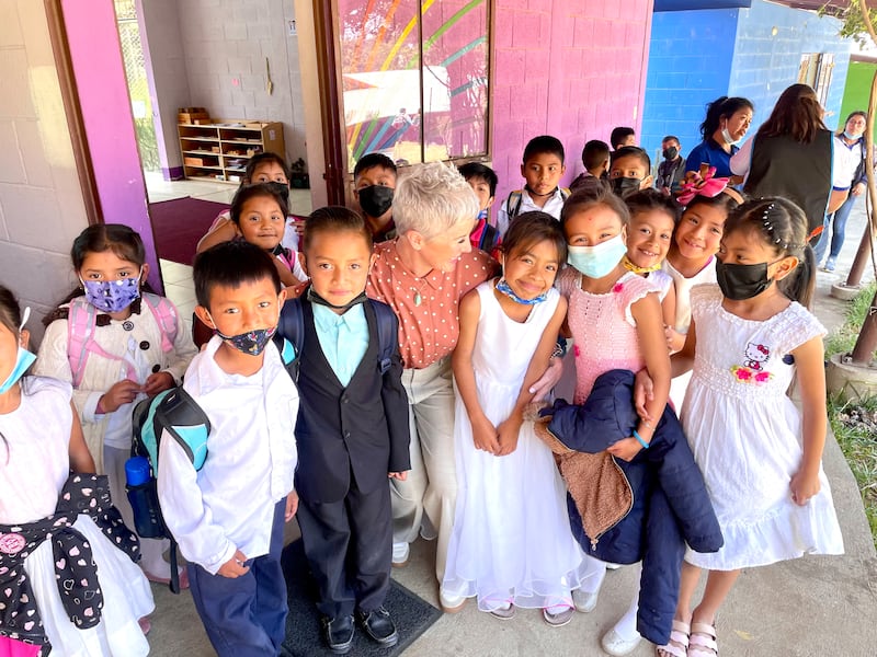 April Bollard of the Geneva Office for Human Rights Education interacts with children in Mexico in 2024.