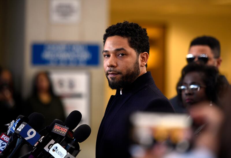 Actor Jussie Smollett talks to the media before leaving Cook County Court after his charges were dropped, Tuesday, March 26, 2019, in Chicago. (AP Photo/Paul Beaty)
