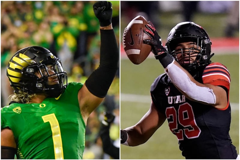 The Sewell brothers — Oregon’s Noah Sewell, left, and Utah’s Nephi Sewell, right — will be on opposite sidelines when the Ducks and Utes meet in the 2021 Pac-12 championship.