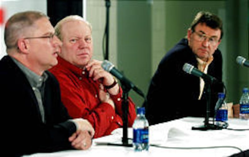 Scott Swofford, left, joins Larry H. Miller and Sterling Van Wagenen on Thursday in discussing sequels to "The Work and the Glory."