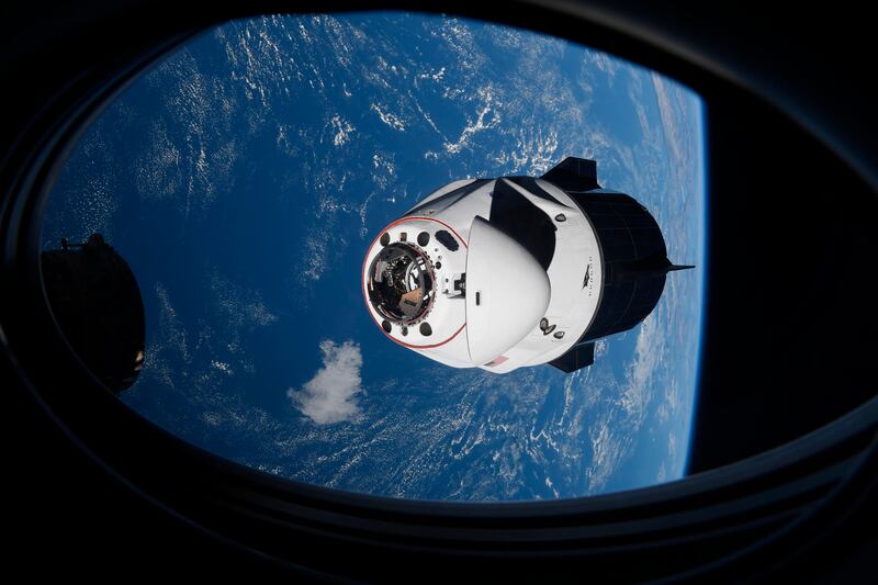 The SpaceX Crew Dragon capsule approaches the International Space Station for docking on Saturday, April 24, 2021.