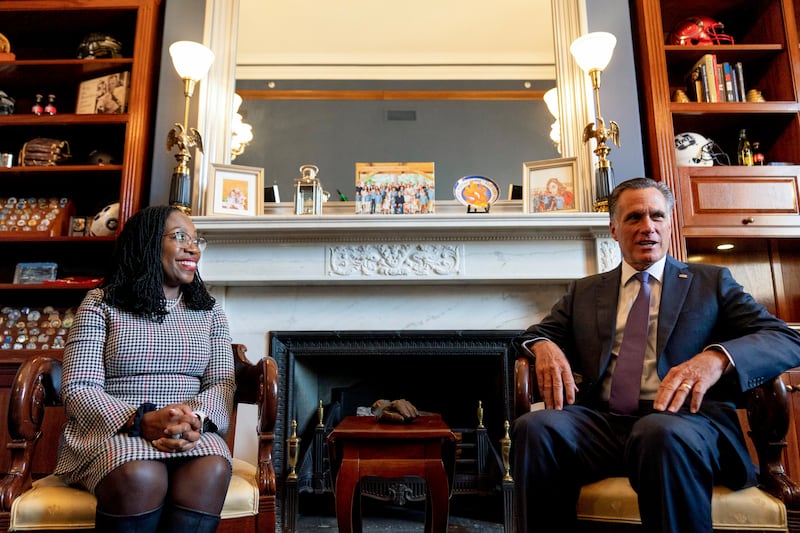 Supreme Court nominee Ketanji Brown Jackson meets with Sen. Mitt Romney, R-Utah, in his office.