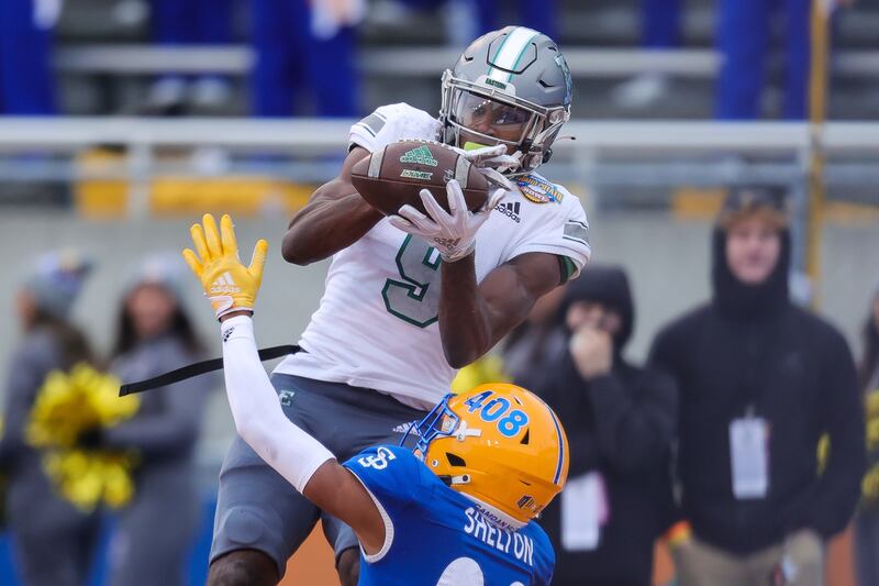 Eastern Michigan wide receiver Darius Lassiter (9) catches the ball for a touchdown in the Idaho Potato Bowl in 2022.