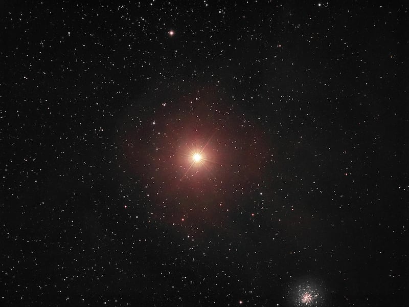 The red supergiant star Antares, photo by Aubrey Brickhouse, taken at the Brickhouse Observatory near Clifton, Texas, June 9, 2016; used with permission.