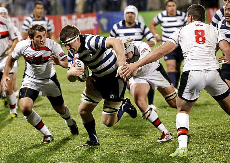 BYU plays rugby against Arkansas State. The Cougars won 36-15 and advanced to the College Premier Division championship.