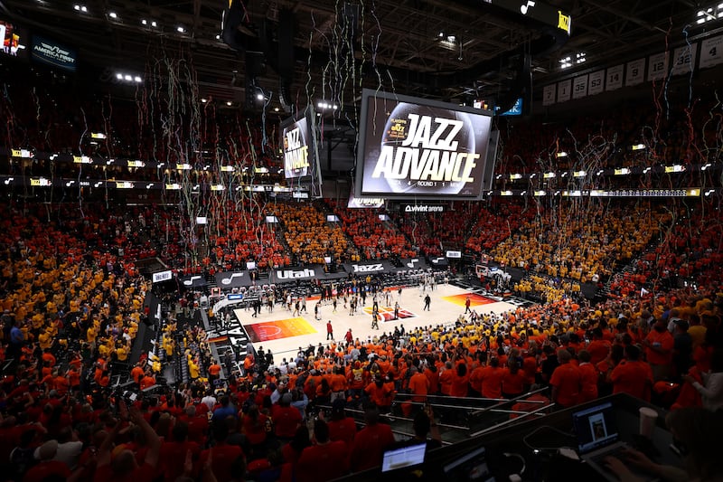 Streamers fall at Vivint Arena in Salt Lake City after the Utah Jazz beat the Memphis Grizzlies.