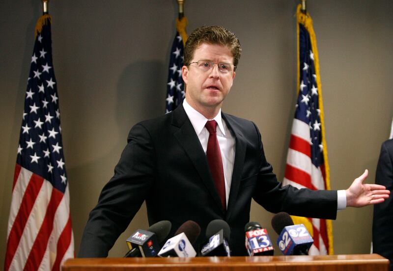 FILE - U.S. Attorney David B. Barlow speaks at the U.S. Attorney's Office in Salt Lake City on Friday, March 9, 2012. David B. Barlow appeared to leave a favorable impression on the few senators who quizzed him Wednesday during his nomination hearing to b