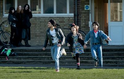Aaron Phagura as Roops, Nell Williams as Eliza and Viveik Kalra as Javed in New Line Cinema’s drama “Blinded by the Light,” a Warner Bros. Pictures release.