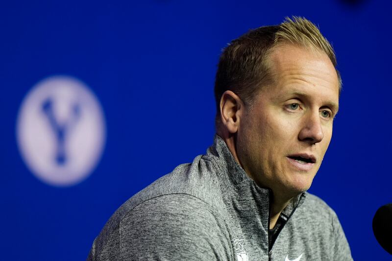 BYU head coach Kevin Young addresses the media during Big 12 men's basketball media day, Wednesday, Oct. 23, 2024, in Kansas City, Mo.