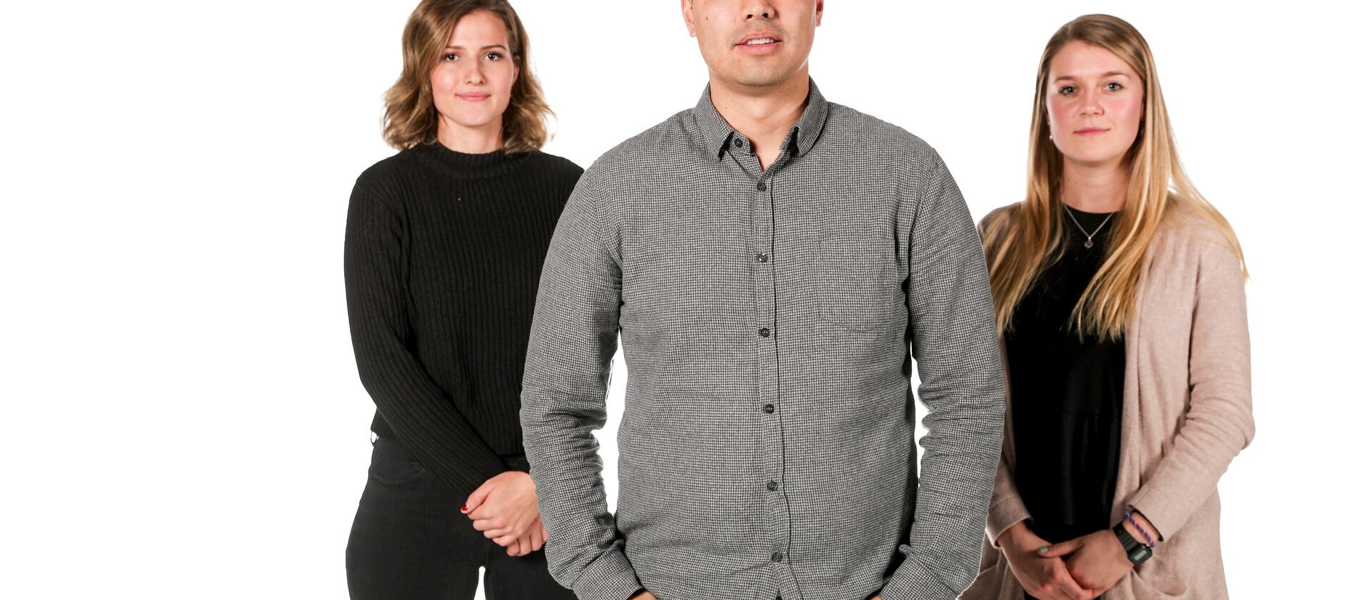 Marissa Folland, 20, Maurice Melligan, 28, and Suzy Thornock, 20, left to right, pose for a photo at the Deseret News in Salt Lake City on Tuesday, Oct. 9, 2018.