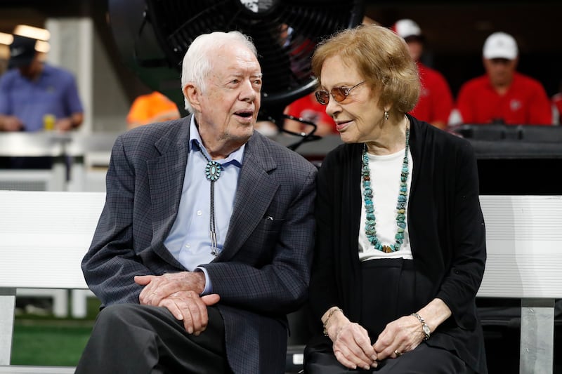 Former President Jimmy Carter and Rosalynn Carter at an NFL football game in Atlanta in 2018.