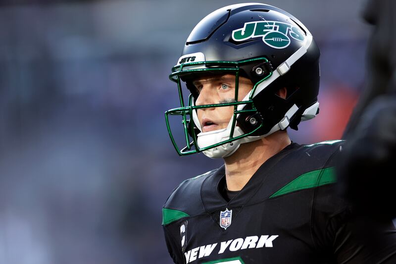 New York Jets quarterback Zach Wilson (2) reacts against the New England Patriots during an NFL game in East Rutherford, N.J.