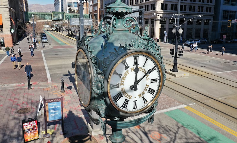 The Zions Bank clock on Main Street in Salt Lake City is pictured.