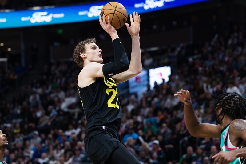 Utah Jazz forward Lauri Markkanen (23) looks to shoot the ball during an NBA game at Vivint Arena in Salt Lake City on Saturday, Feb. 25, 2023.