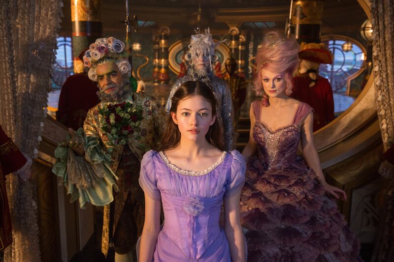 Mackenzie Foy is Clara, Keira Knightley is the Sugar Plum Fairy, Eugenio Derbez is Hawthorne and Richard E. Grant is Shiver in “The Nutcracker and the Four Realms."